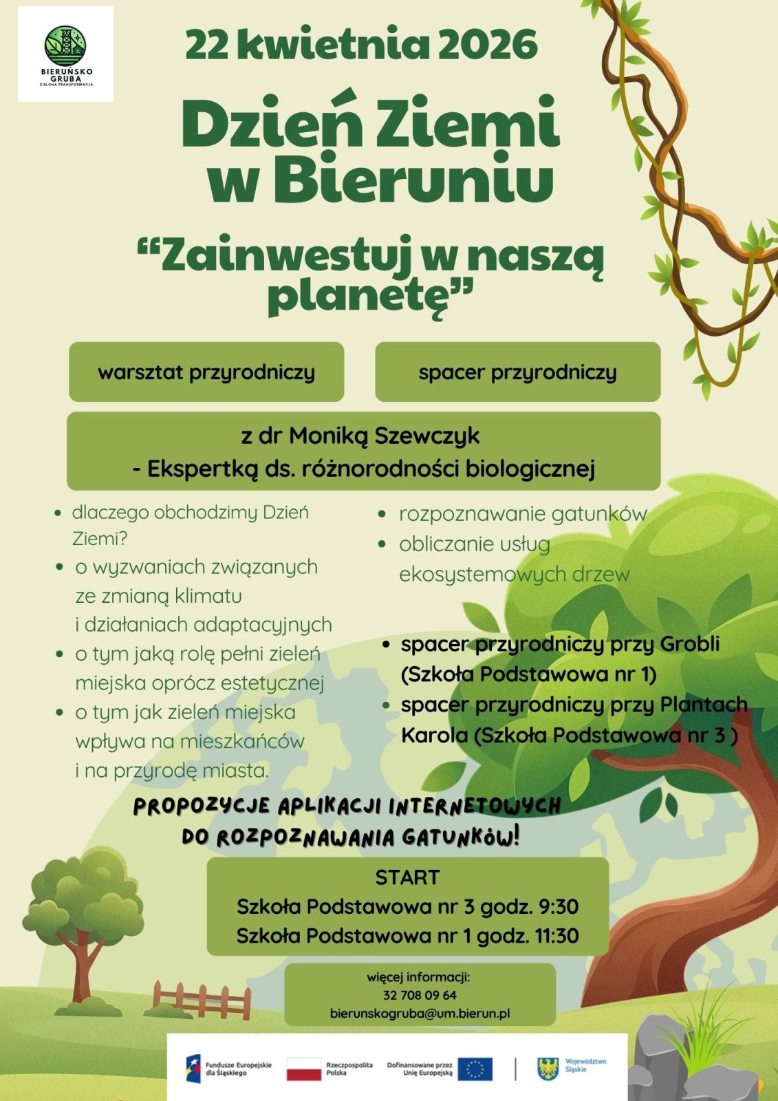 plakat promujący wydarzenie dzień ziemi w formie warsztatów dla dzieci organizowane przez Gminę Bieruń zawiera informacje o terminie i miejscu